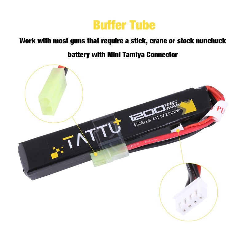 TATTU 11.1V LiPo Airsoft Stick Battery,3S 1200mAh 25C Battery Pack for Airsoft Gun with Mini TMY Connector