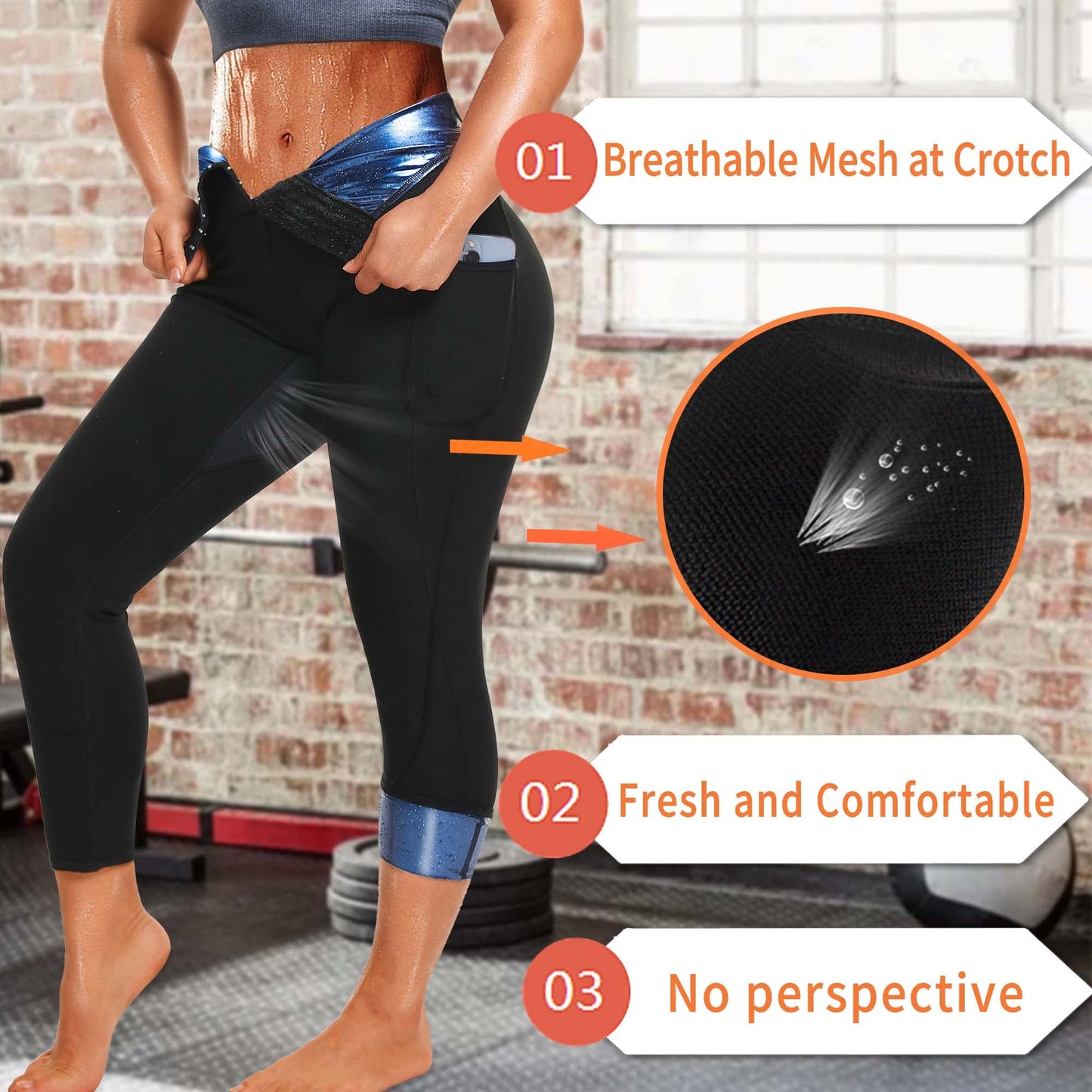 DYUAI Sauna Leggings for women High Waist Sauna Sweat Pants with pocket Compression Workout Legging Sauna Suit(WBH7006-01-L)