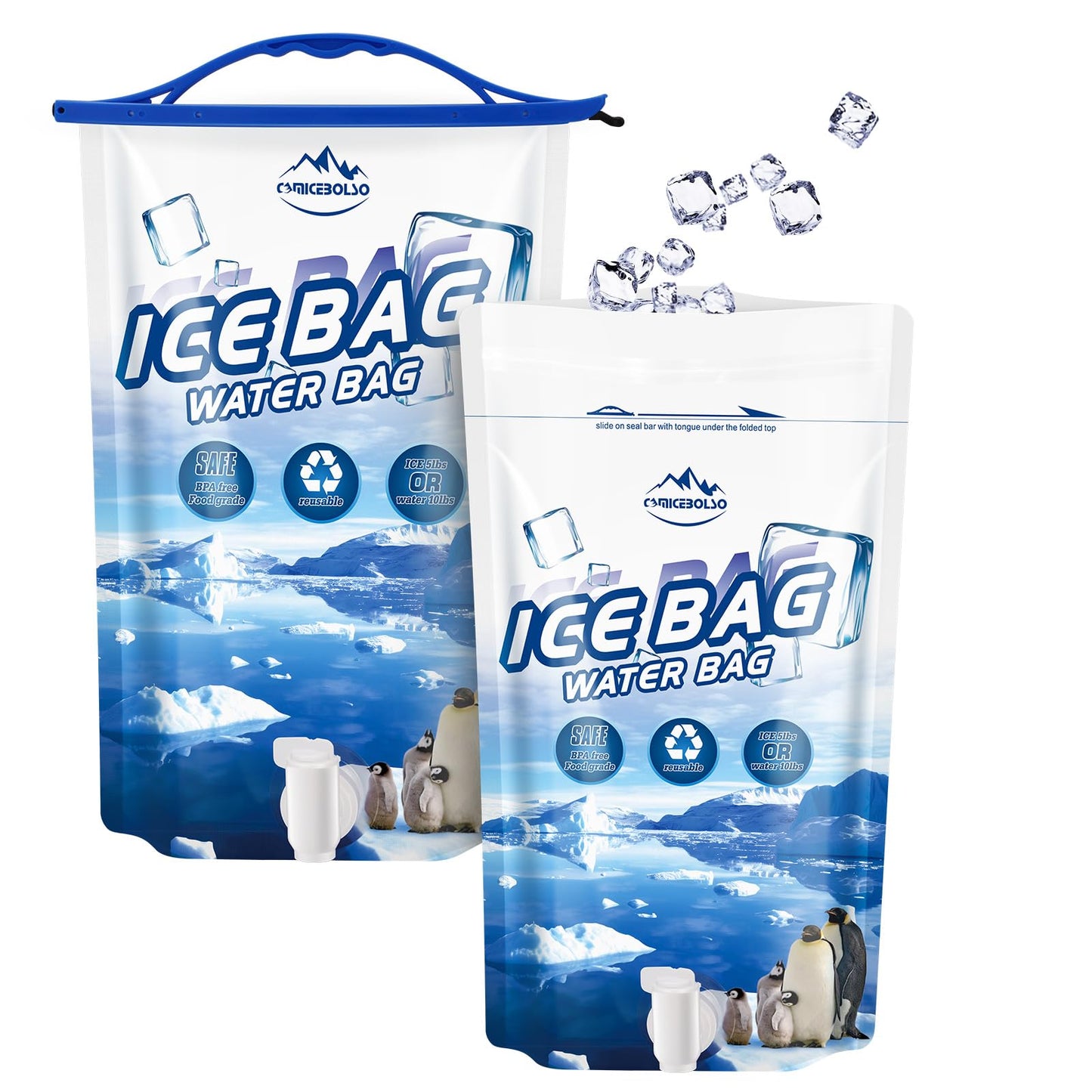 CamiceBolso Large Leakproof Ice Bag,Reusable Ice Bag,5Ib Ice Packs for Cooler, Long Lasting Dry Freezer Packs with Faucet for Camping Hiking and Drinks.