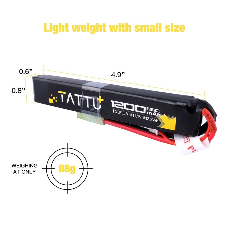 TATTU 11.1V LiPo Airsoft Stick Battery,3S 1200mAh 25C Battery Pack for Airsoft Gun with Mini TMY Connector