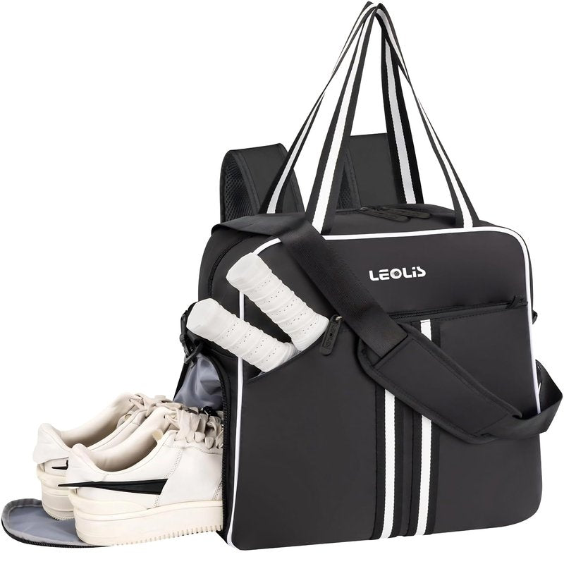 Pickleball Bag Pickle Ball Backpack for Women,Pickleball Accessory Tote Sport Equipment Bag Machine Washable with Shoe Compartment,Wet Pocket,Adjustable Shoulder Strap Fence Hook,Great Gift 30L-Black