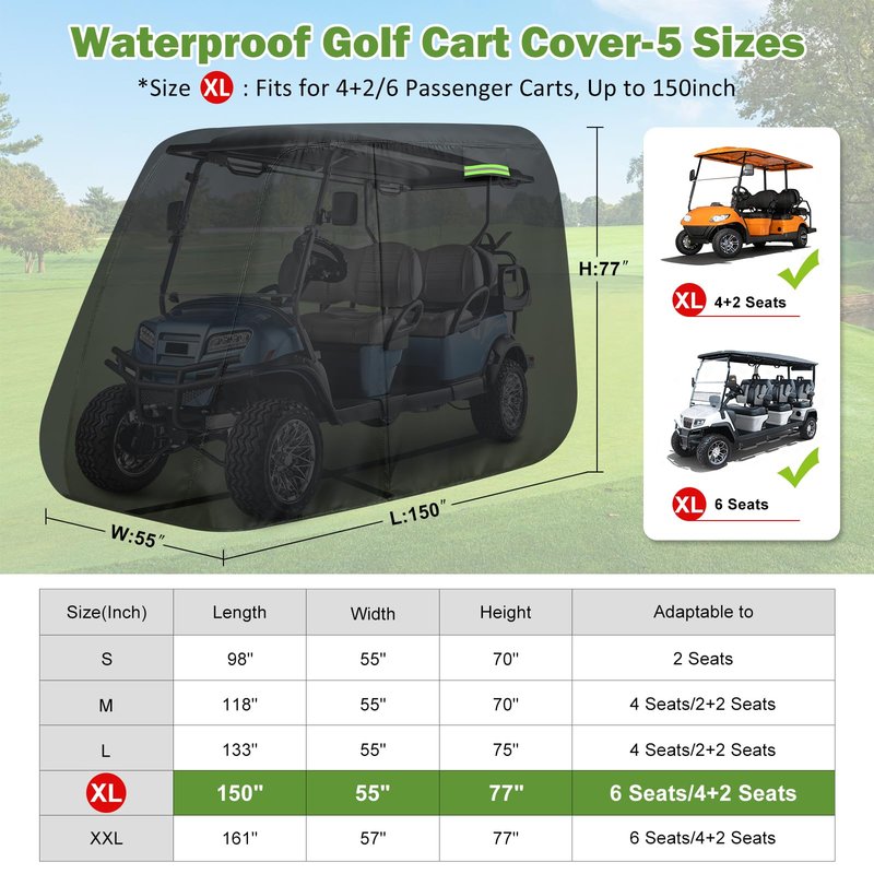 Waterproof Golf Cart Cover 6 Passenger for Yamaha/E-Z-Go/Club Car/Evolution/ICON/Star EV, Heavy Duty Sun Rain Dust Protection 4+2/6 Passenger Golf Cart Cover with Soft Cotton Lining & Door Zipper-XL