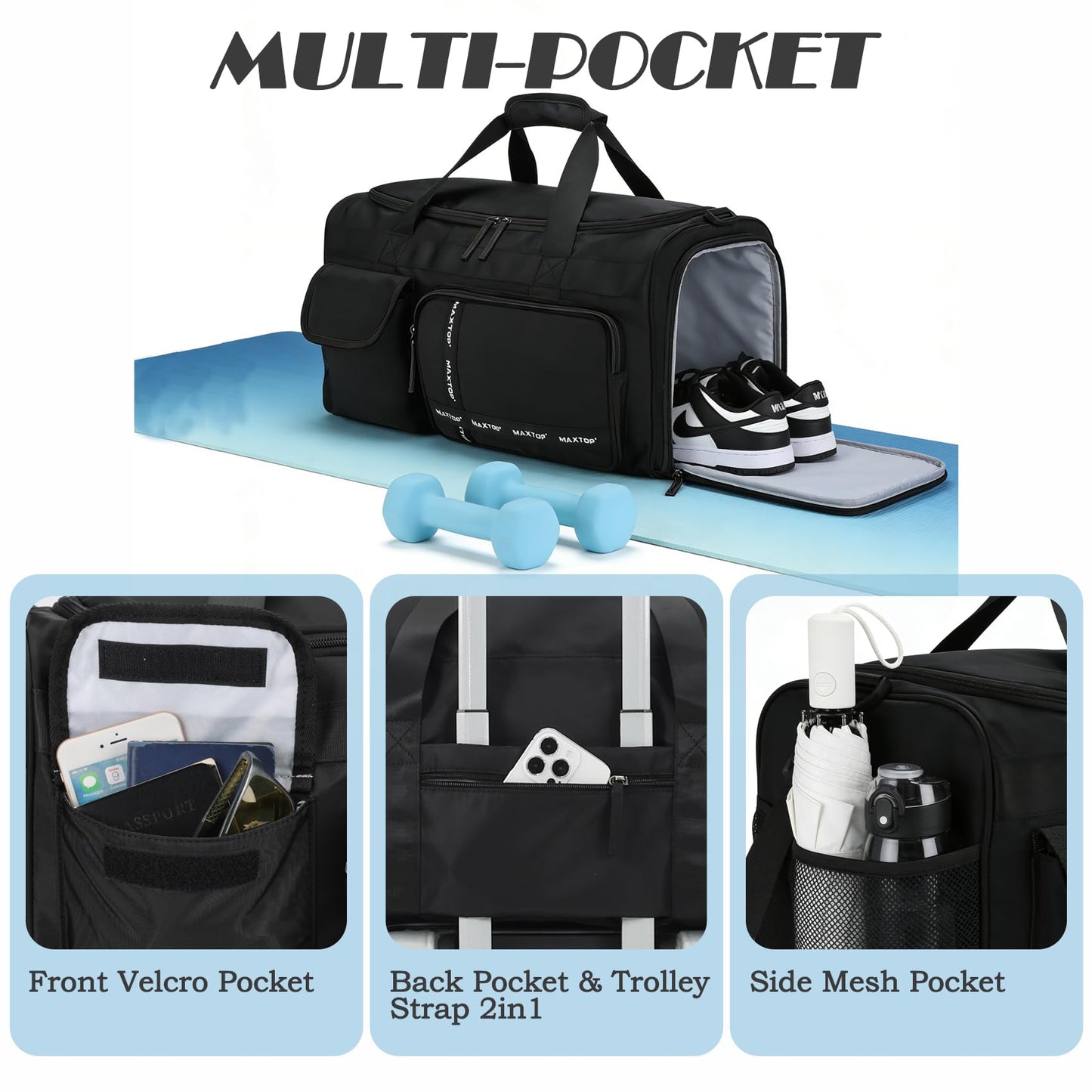 MAXTOP Large Gym Bag for Men Women with Shoe Compartment Wet Dry Separation Black Carry on Duffle Bag for Travel Sports Yoga Fitness Weekend Outdoor Activities