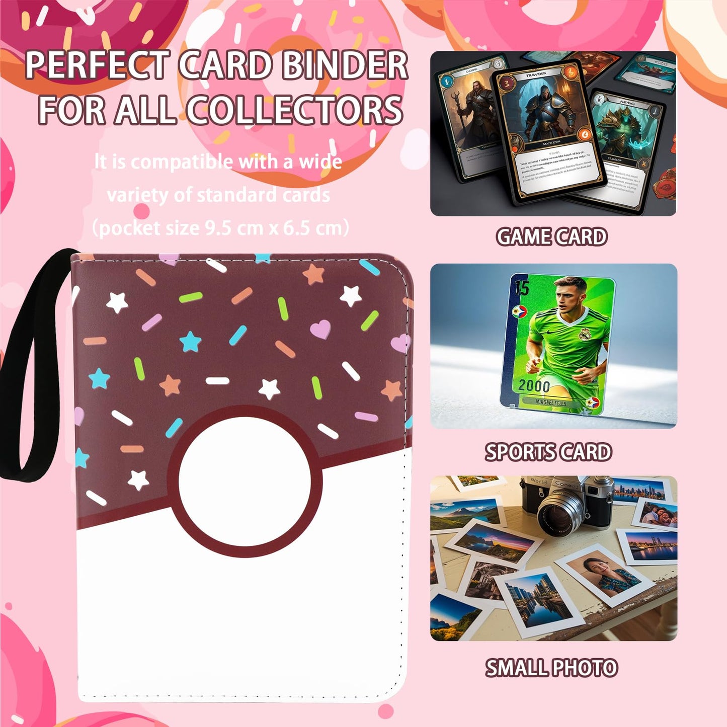 9 Pocket Card Binder 900 Card Holder Album, Pink Donut Trading Cards Holder Zipper Binder for Girl Teen Collection (Choco Donut, 900 Pocket)