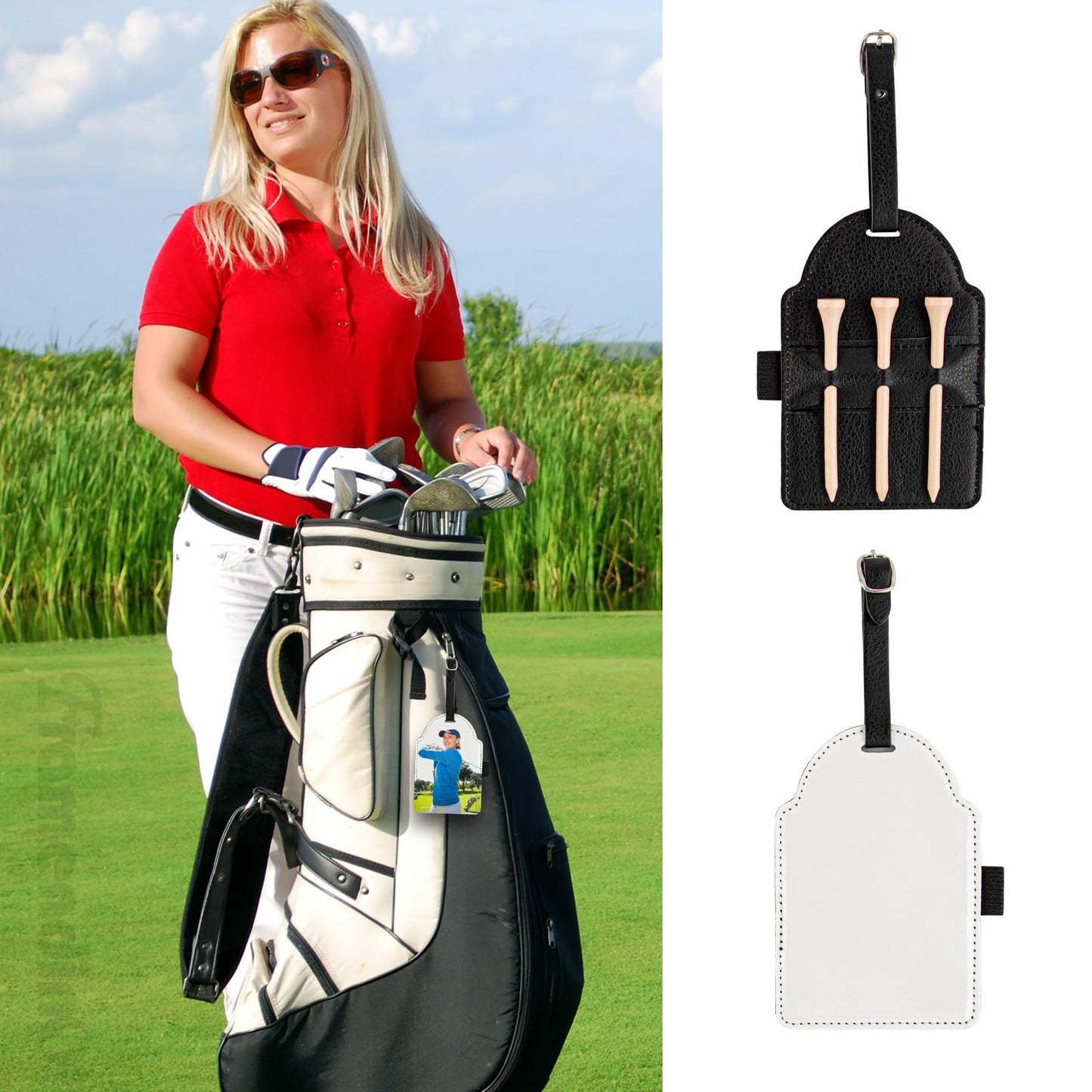 Framendino, 4 Pack Sublimation Blank Golf Tee Holders with Tees Pu Leather Ball Storage Bag for DIY Heat Transfer