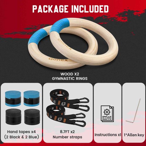 Gonex Wooden Gymnastic Rings with Adjustable Number Straps, Olympic Rings for Gym, Workout, Exercise, Outdoor Training, Quick Install Carabiner, 8.7 ft Straps Pull Up Non-Slip Rings