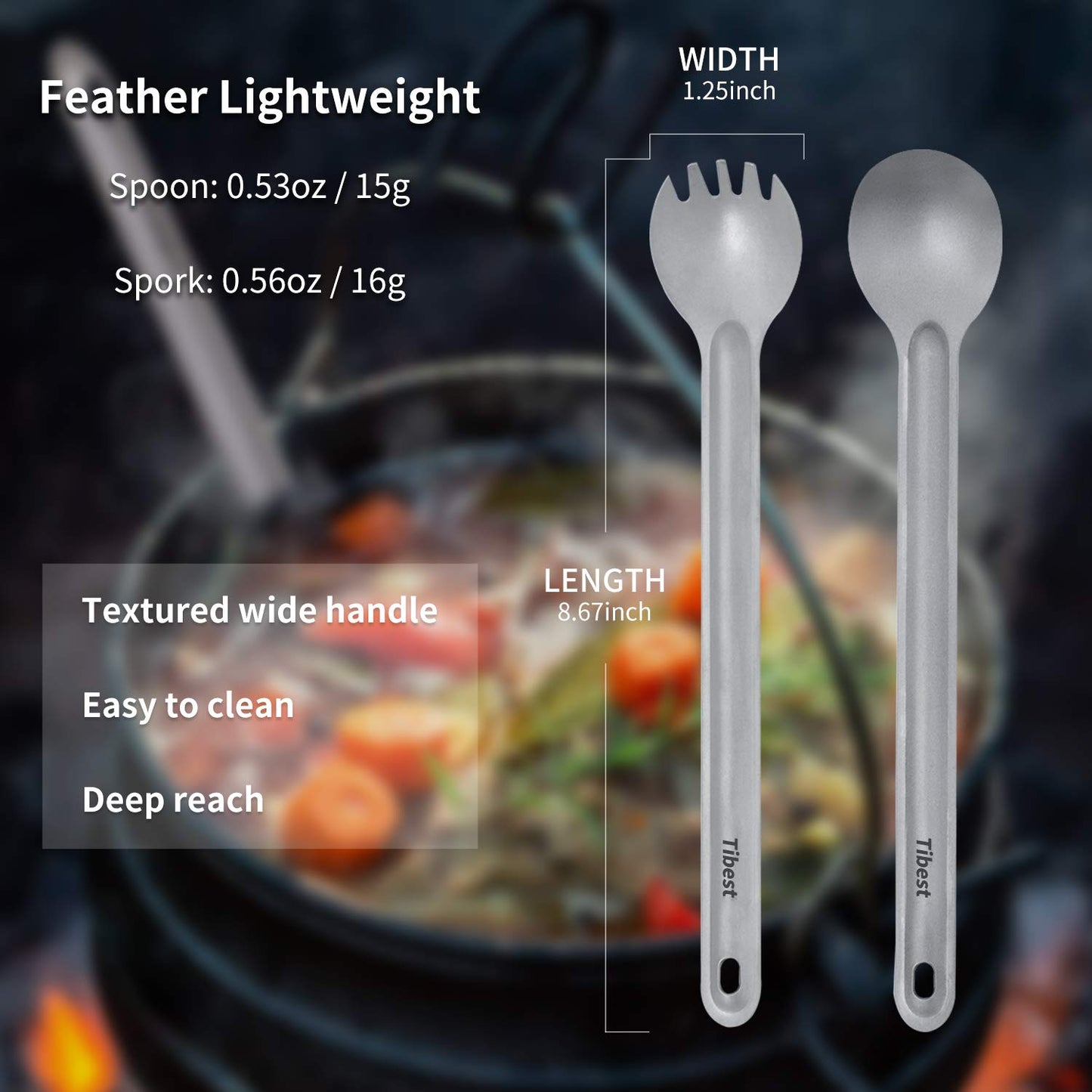 Tibest Titanium Spork Long Handle, Ultra Lightweight Camping Utensil for Backpacking Camping, Hiking, Outdoors