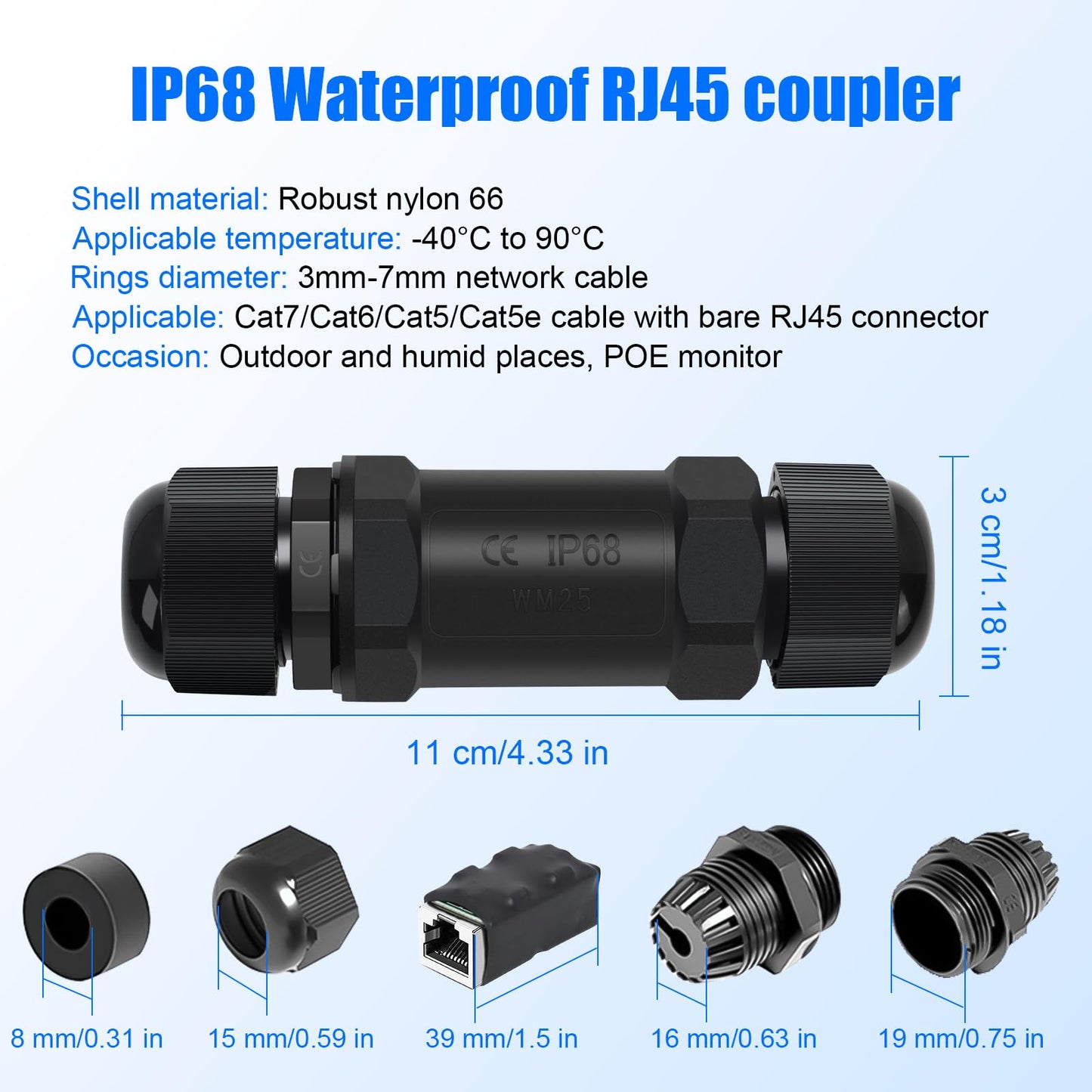 QINGLER Waterproof RJ45 Ethernet Coupler with PoE Support 2 Pack