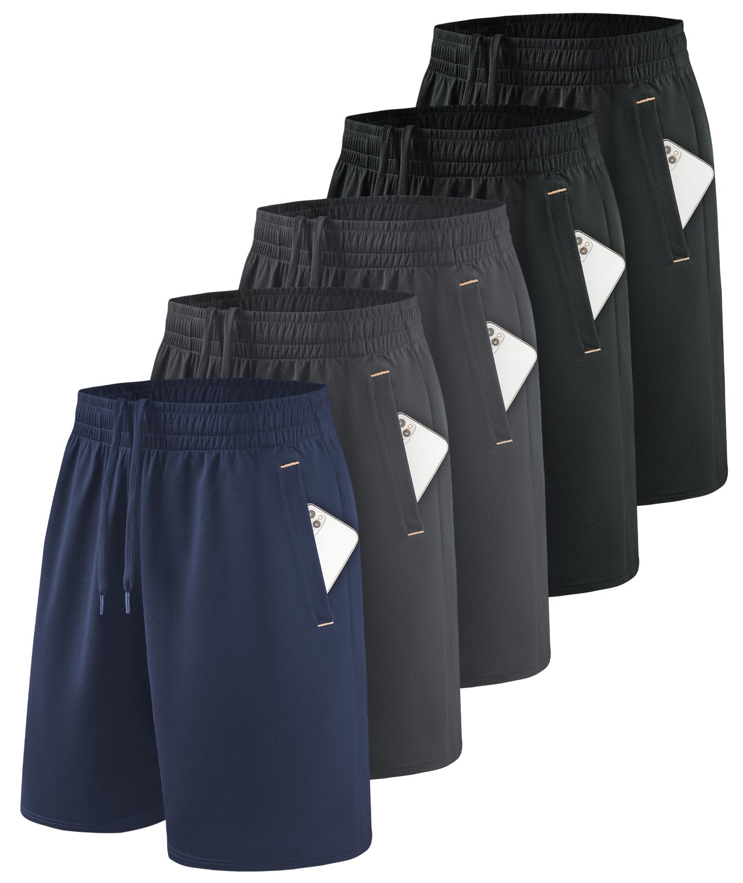 Little Beauty 5 Pack Mens Athletic Gym Shorts with Pockets Fast Dry Basketball Running Workout Shorts Navy/Dark Grey*2/Black*2, L