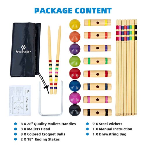 SpeedArmis 28In Croquet Party Set for 8 Players - Made of Long-Lasting Pine Wood, Family Fun for Backyards, Camping and More, Comes with Colorful Mallets, PE Balls, Wickets, Stakes, and Carrying Bag