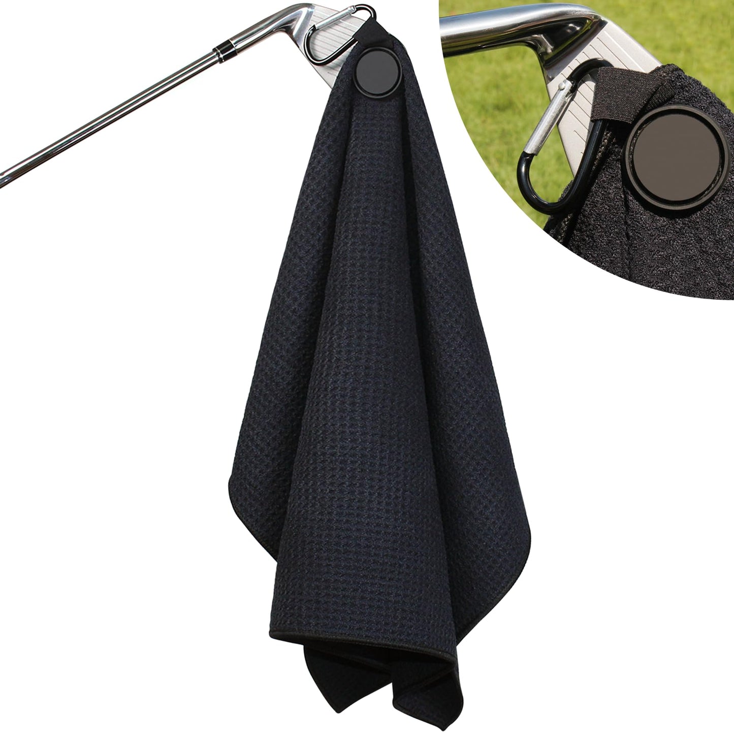 ULTLAT Magnetic Golf Towel-Max N52 Industrial Magnet with Rubber Cover and Carabiner, Top-Level Microfiber, Strong Hold to Golf Carts or Clubs, 24x16inch Lager Size, Functional and Durable&Black