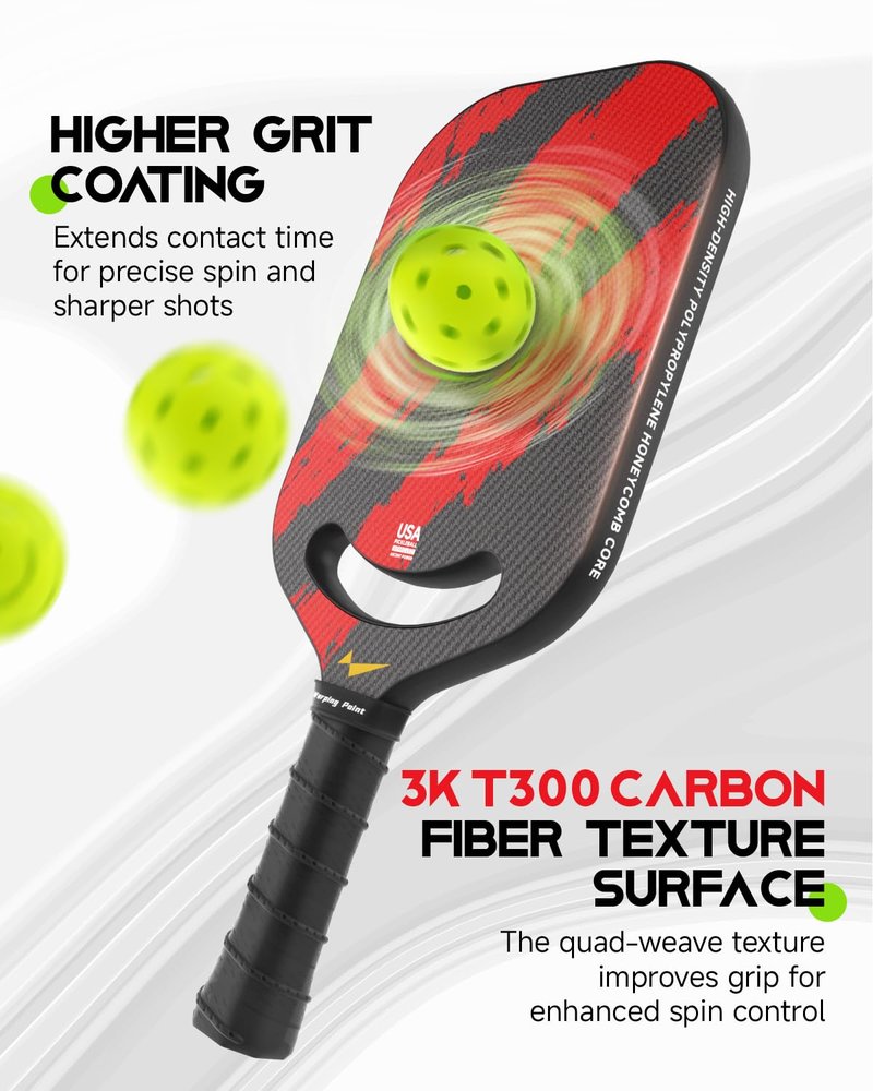 Warping Point Ascent Pickleball Paddles | Carbon Fiber Pickleball Racket with Aero Throat | Textured Grit Surface | 16mm Hexa Polymer Core | USAPA Approved | Designed for Power & Spin | Red