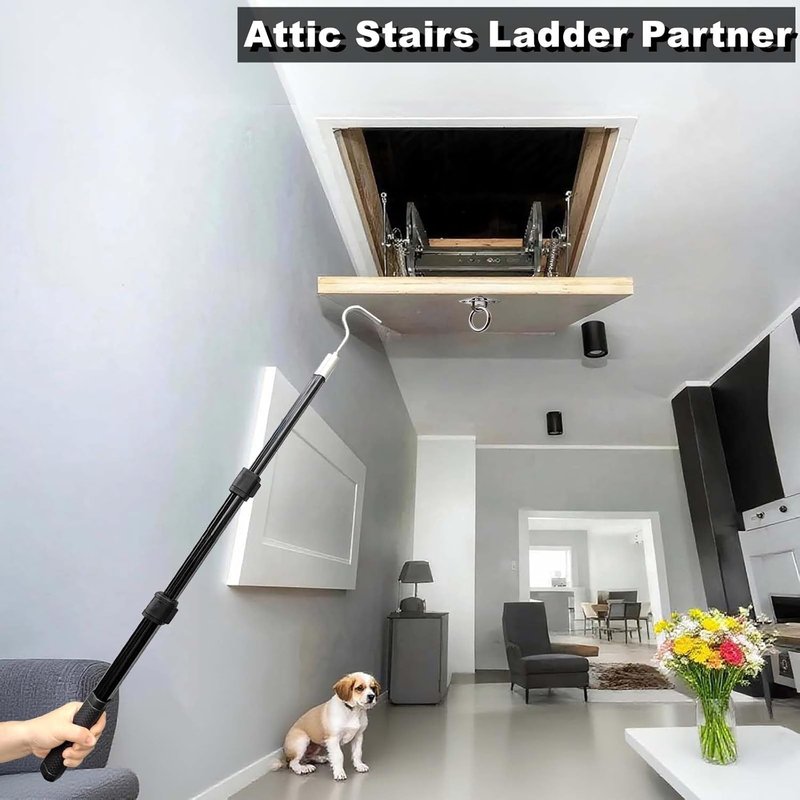 Extendable Attic Pull Down Ladder System - Stainless Steel Hook & Rod | Easy Access Solution for Stairs
