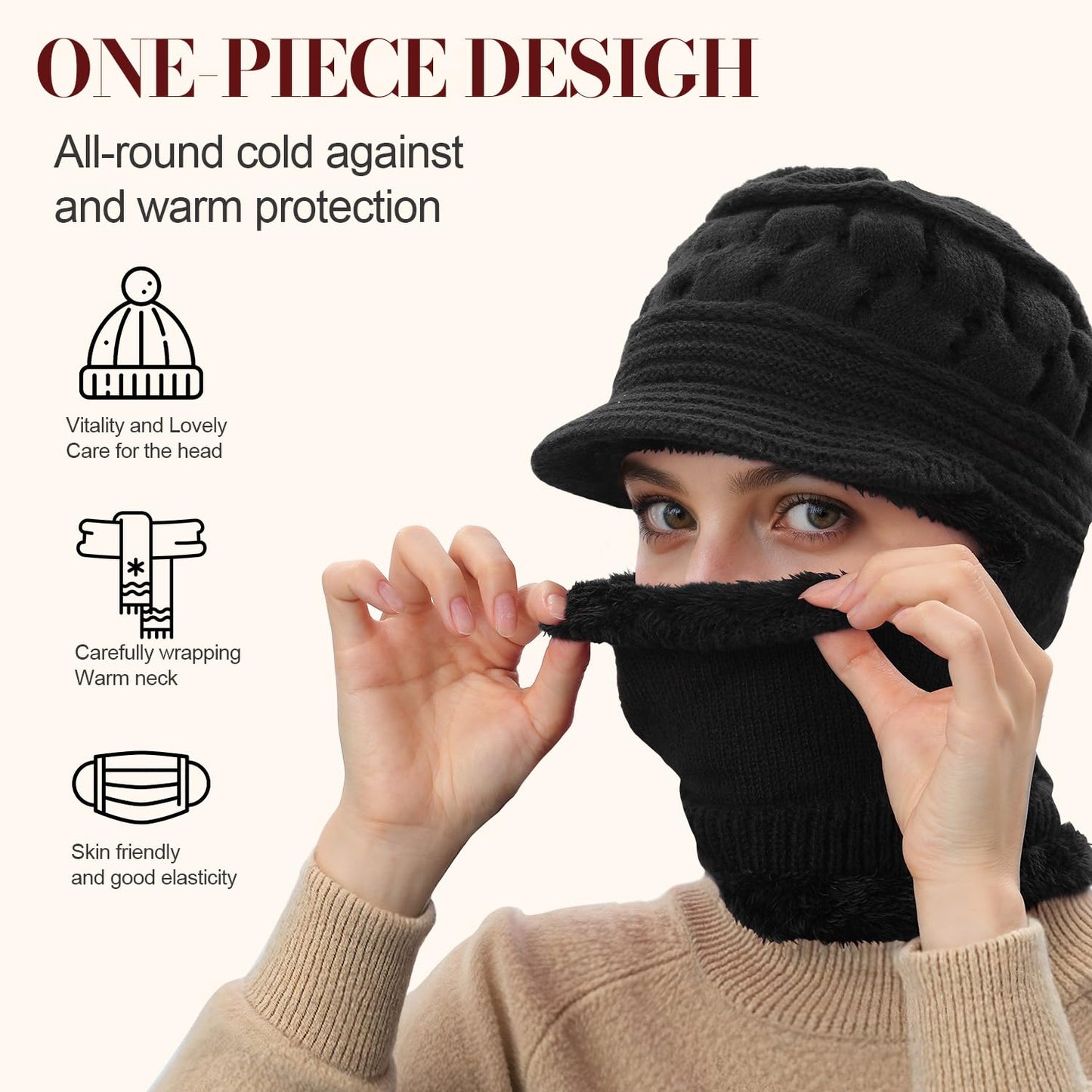 Womens Winter Beanie Hats, Winter Scarf Mask Set for Women One Piece Slouchy Beanie Hats with Visor Brim Fleece Lined, Wine Red 2025
