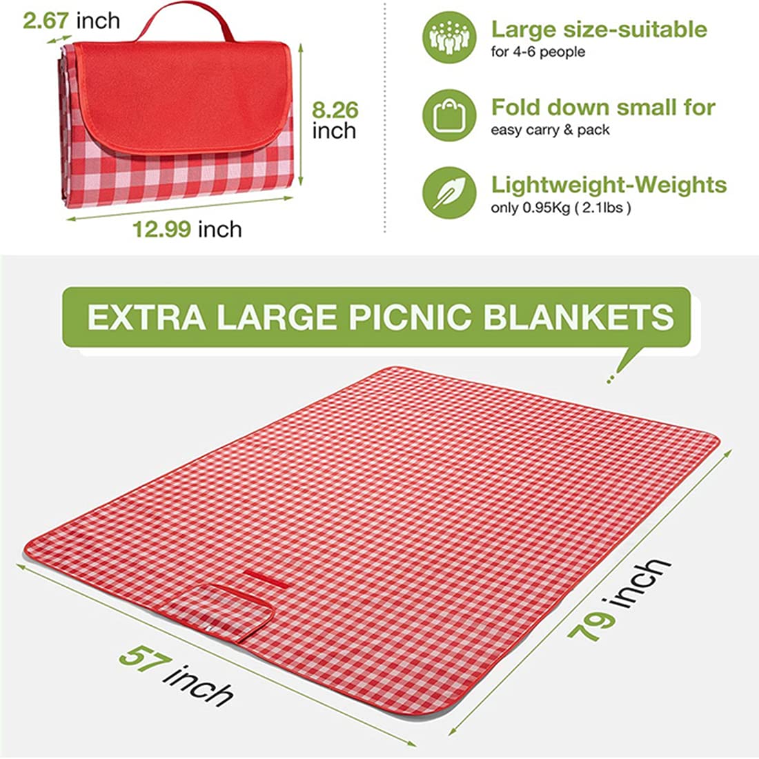 RUIBOLU Large Picnic Blankets,Beach Blanket Sandproof Beach Mat for 3-5 Adults Waterproof Quick Drying Outdoor Picnic Mat for Travel Camping Hiking(Red Plaids)