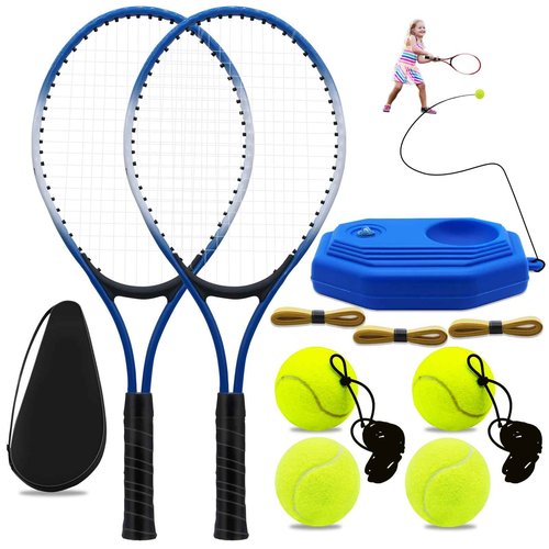 ZHUOKECE 21" Tennis Rackets for Kids, 2 Players Recreational Tennis Rackets Set for Beginners with 4 Tennis Balls, 3 Overgrips, 1 Tennis Bag (Blue)