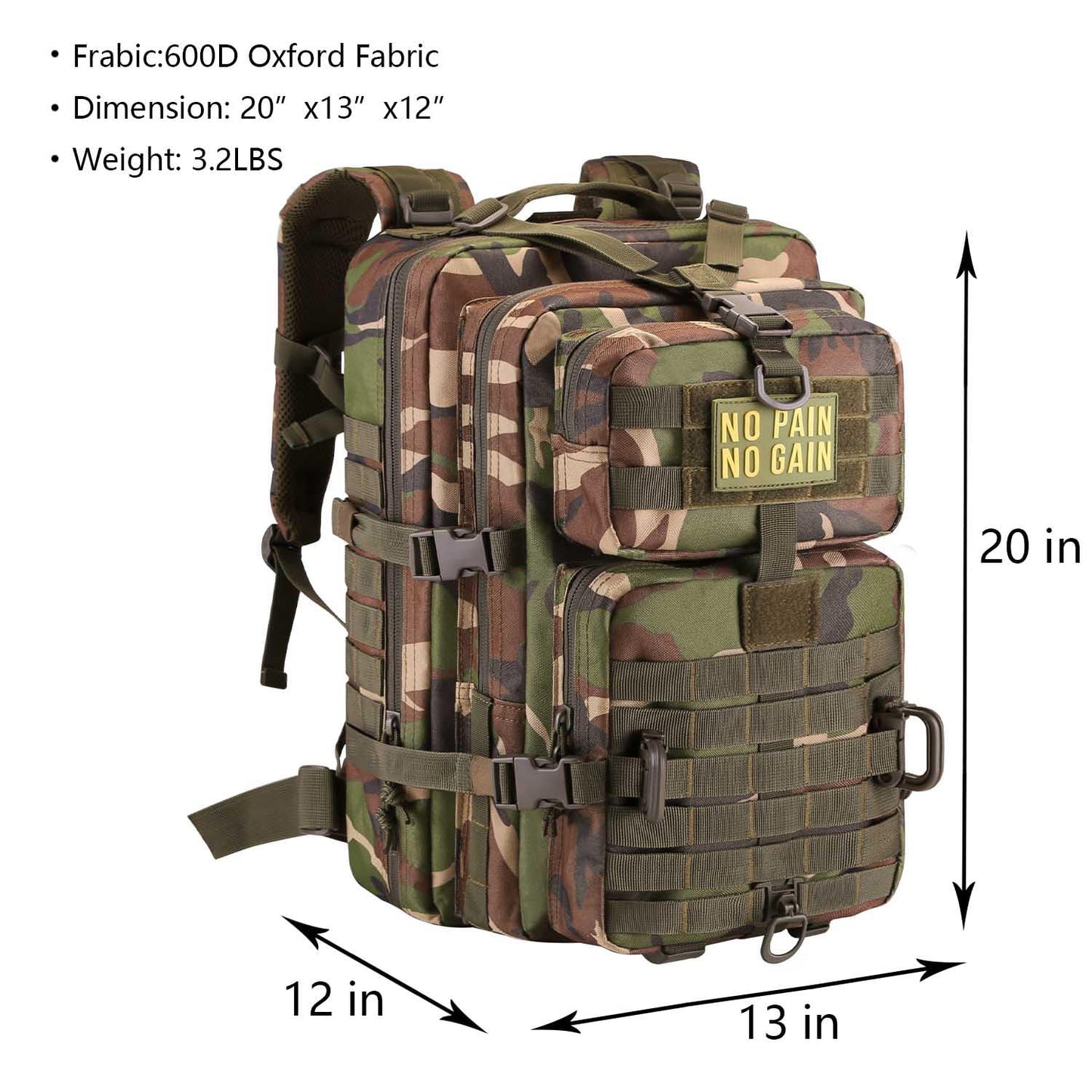Hannibal Tactical MOLLE Assault Backpack, Tactical Backpack Military Army Camping Rucksack, 3-Day Pack Trip w/Patch, D-Rings, Woodland