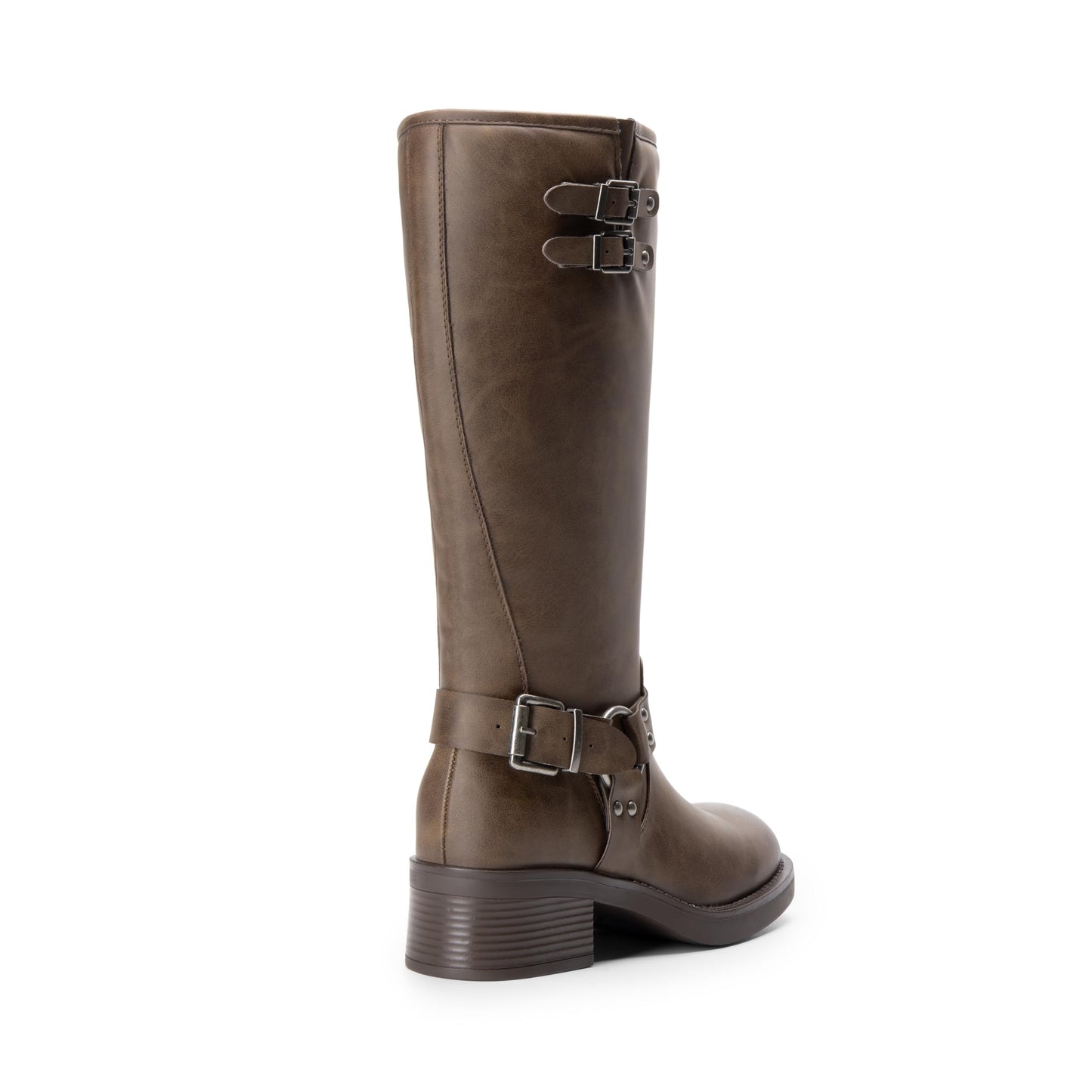 DREAM PAIRS Women's Knee High Boots Side Zipper Motorcycle Boots Square Toe Chunky Low Heel Fashion Buckles Biker Riding Boots,Size 8,Brown-Nubuck,SDKB2412W
