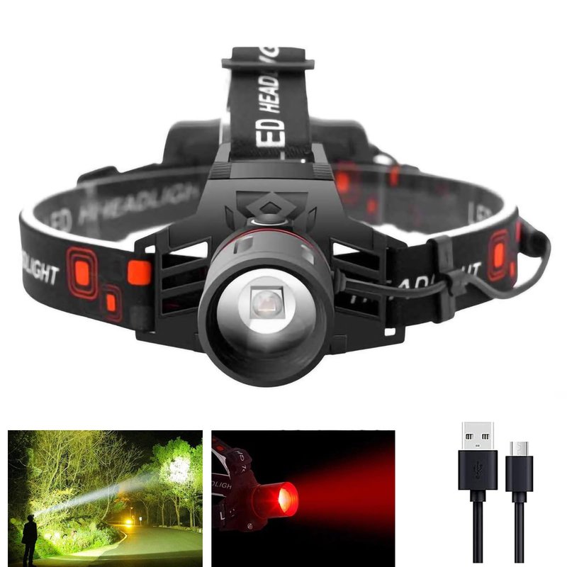 WINDFIRE Rechargeable Headlamp White Red LED Hunting Headlamps Super Bright 4 Modes 90° Adjustable Zoomable Head Lamp for Running Camping Hiking Fishing Night Vision Astronomy