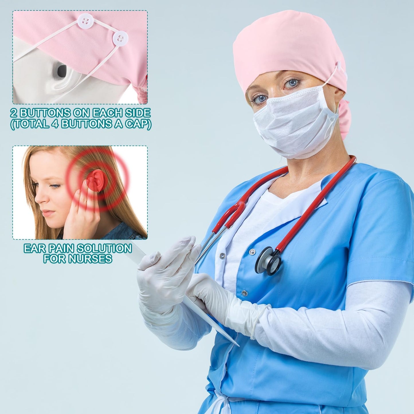 Jamntower 8 Pcs Satin Lined Scrub Caps, Nurse Hats with Buttons Sweatband, Adjustable Ponytail Surgical Caps for Women(Multicolor,Simple)