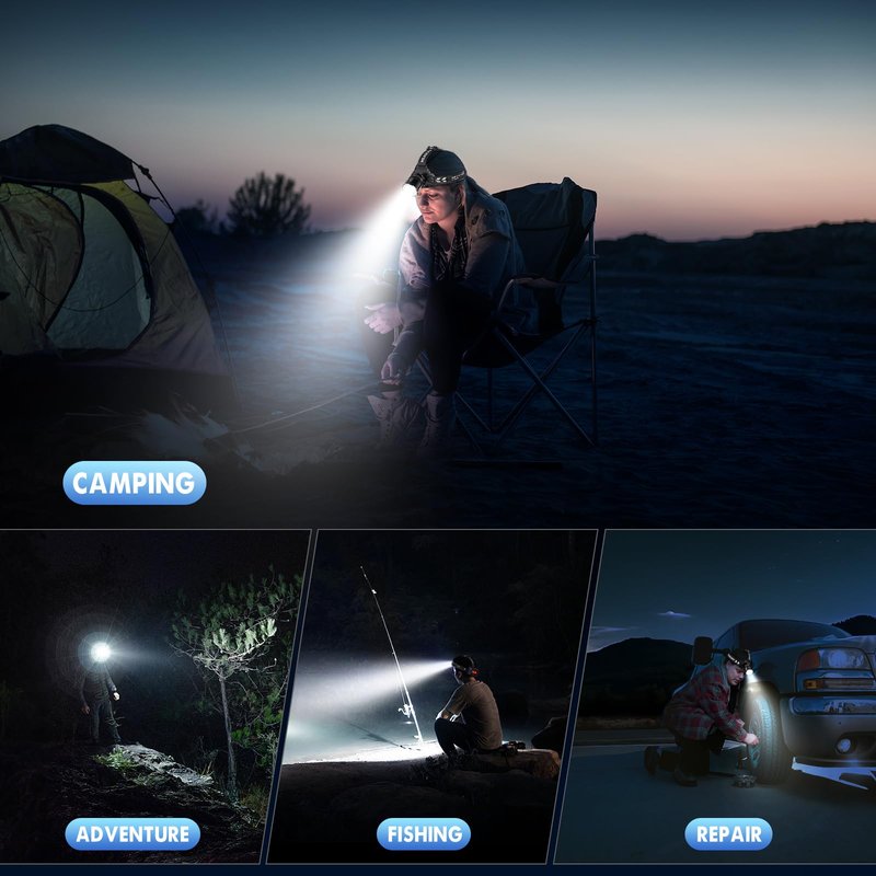 SWZA Super Bright Headlamp Rechargeable 99000 Lumens, 7 Modes Head Lamp, Zoomable Head Light for Forehead, 90° Adjustable Headlamps for Adults, Long Runtime & Waterproof Fishing, Camping