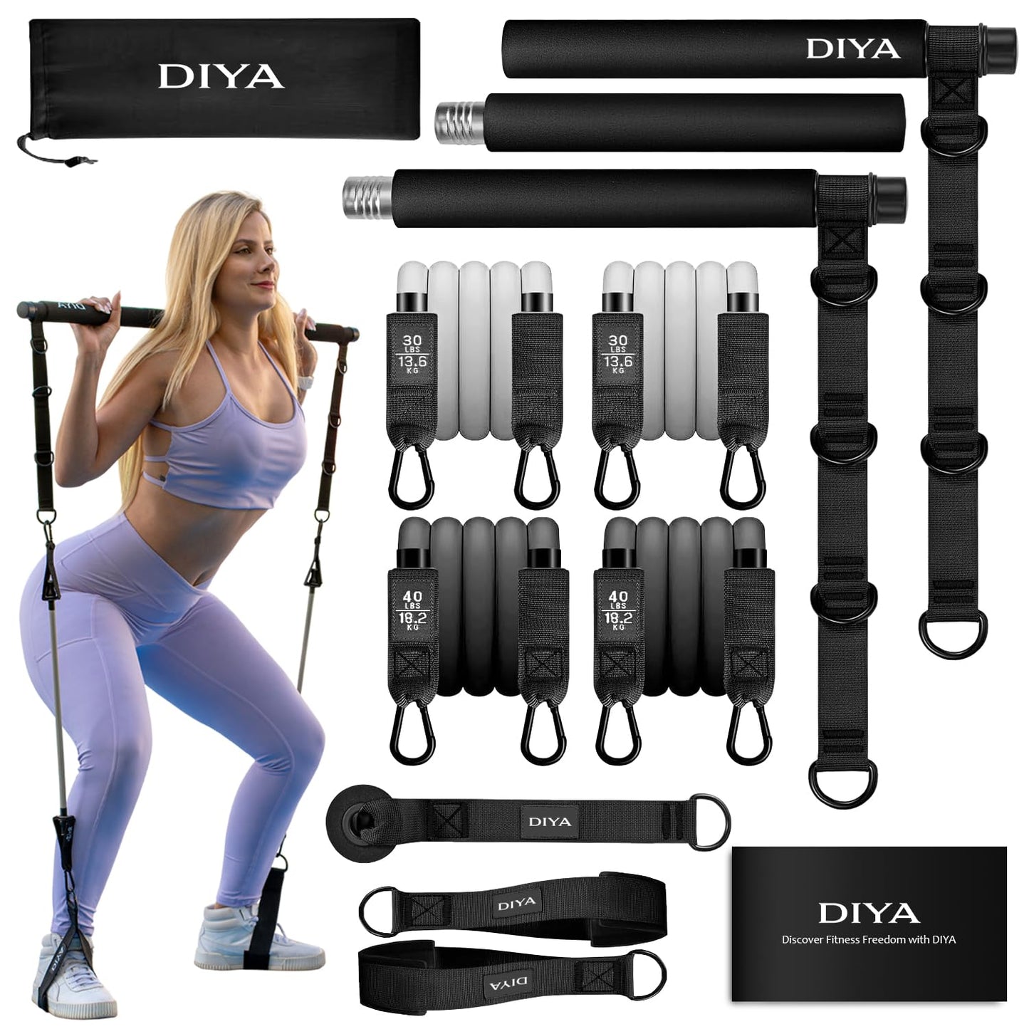 DIYA Pilates Bar Kit with Resistance Bands 140 lbs – Adjustable Portable Home Gym Workout Equipment for Women & Men – Full Body Fitness Bar for Legs, Glutes, Arms, Core & Back