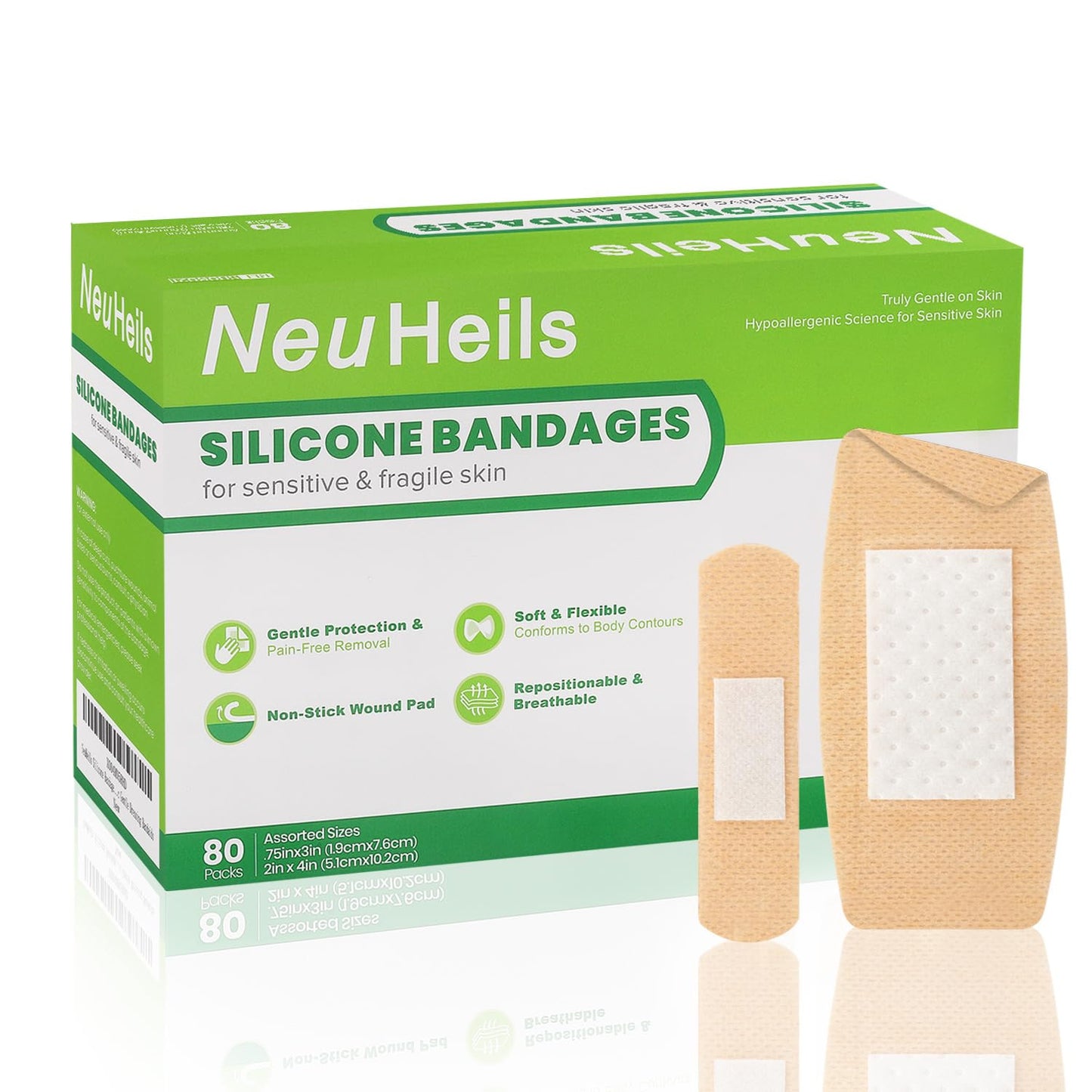 NeuHeils 80 Pks Silicone Bandages for Sensitive Skin Assorted Sizes - Small 0.75x3 (60Pcs) & Large 2x4 (20Pcs) | Non-Stick Pad, Hypoallergenic, Pain-Free Removal Wound Dressings for Fragile Skin