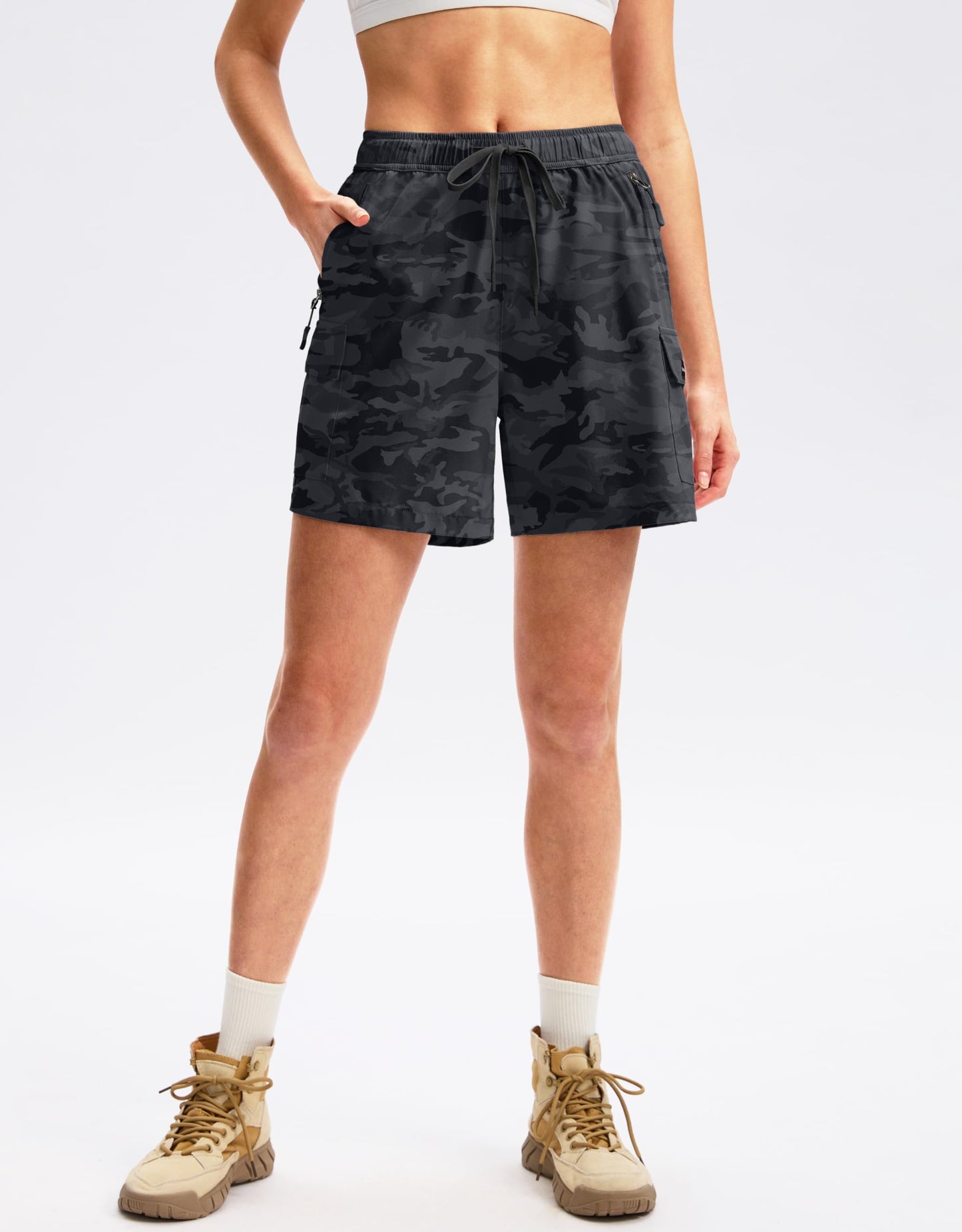 SANTINY Women's 5''/ 7''/9'' Hiking Cargo Shorts Quick Dry Lightweight Summer Shorts for Women Athletic Golf Zipper Pockets(GreyCamo_S)