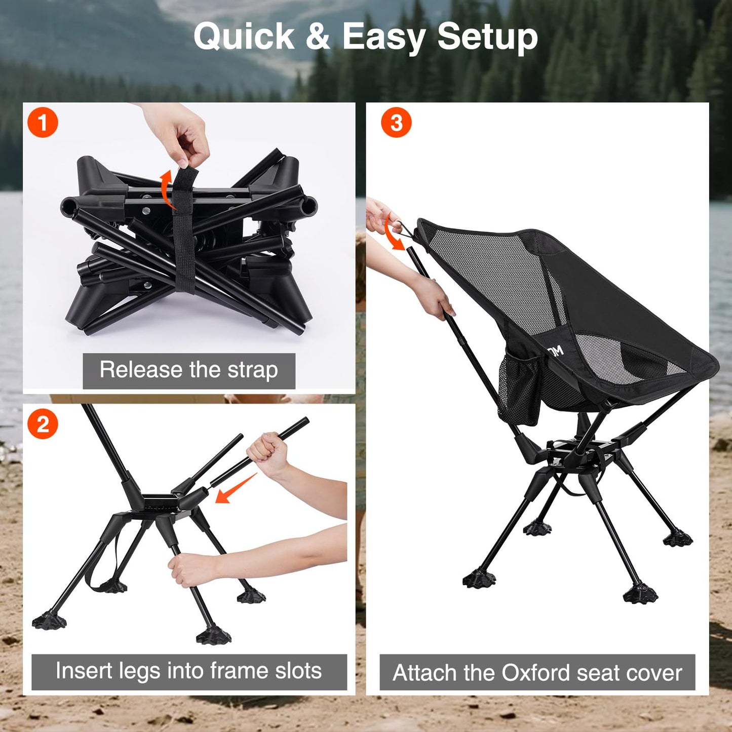Trakiom 360° Swivel Folding Camping Chairs, Compact and Portable Chair for Outdoor Camp, Foldable Chairs with Anti-Sinking Large Feet for Travel, Beach, Picnic, Sports, Fishing Support 300 LBS(Black)