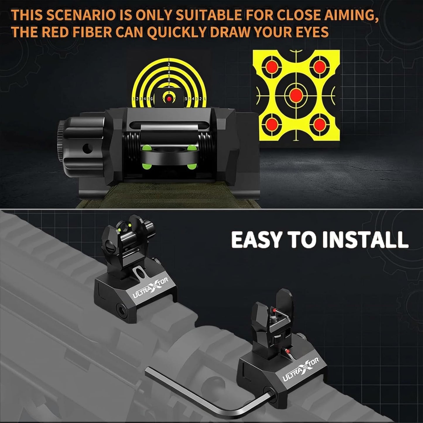 Fiber Optic Flip Up Iron Sight Set for Picatinny Rail - Low Profile Front & Rear Backup Sights with Red/Green Dots