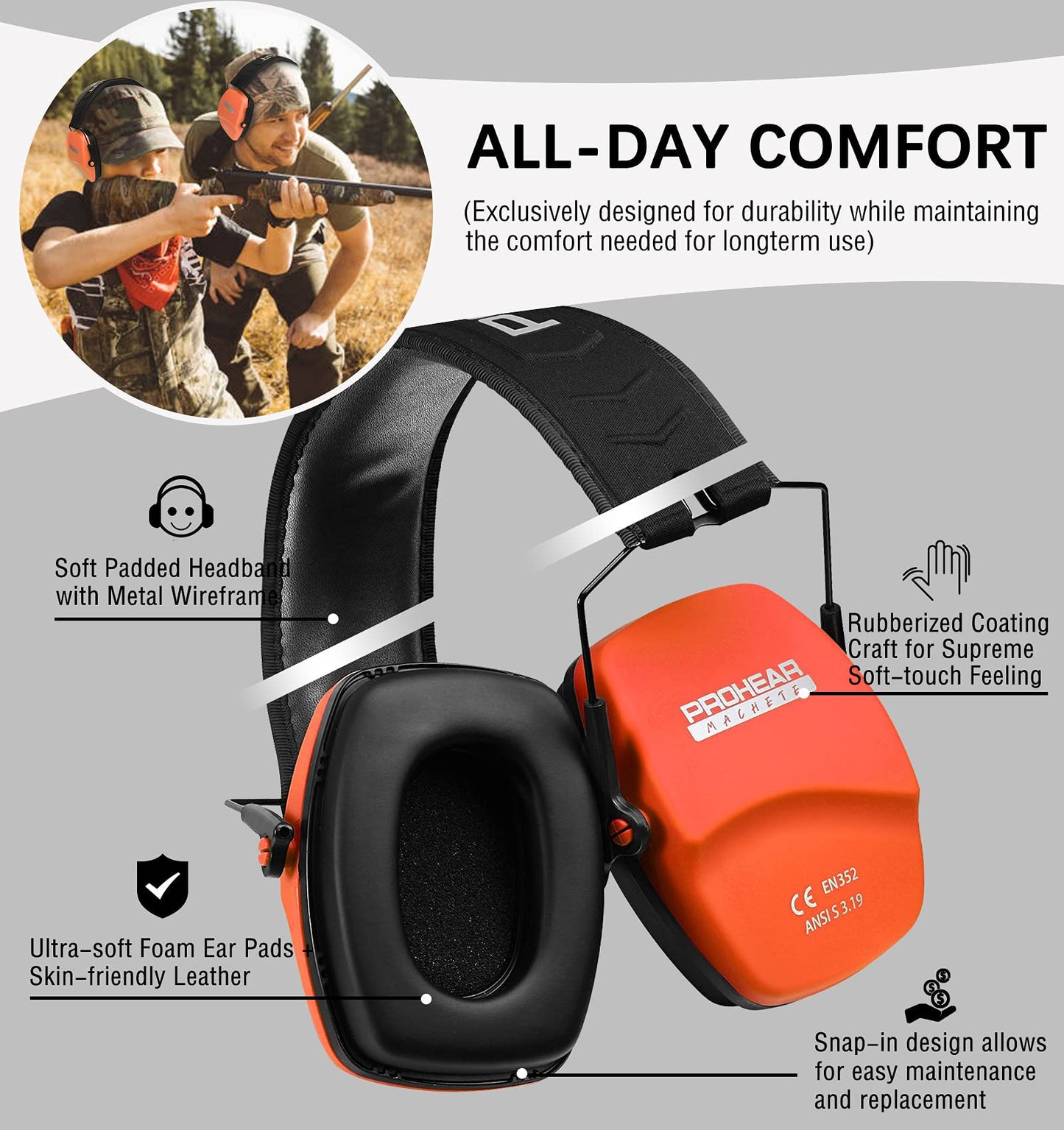 PROHEAR 016 Ear Protection Safety Earmuffs for Shooting, NRR 26dB Hearing Protector with Low-Profile Earcups, Compact Foldable Ear Defenders for Gun Range, Hunting (Orange)