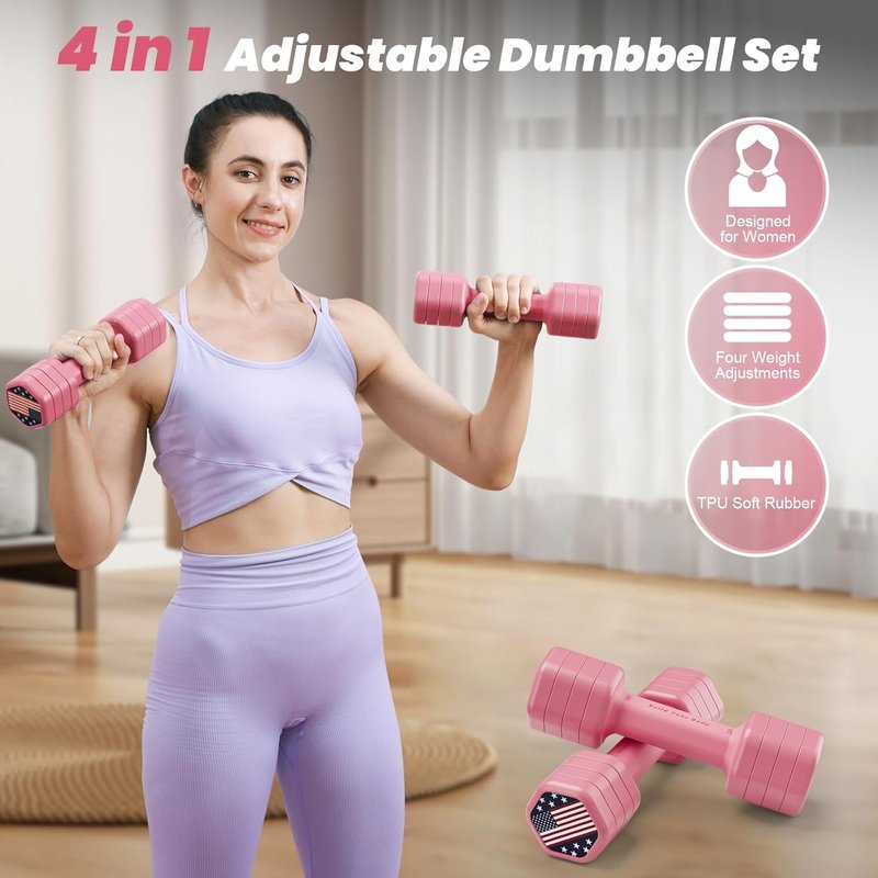 Adjustable Dumbbell Set - 4-in-1 Hand Weights for Women | 2 x 5 lb Weights with Soft Rubber Handle for Home Gym