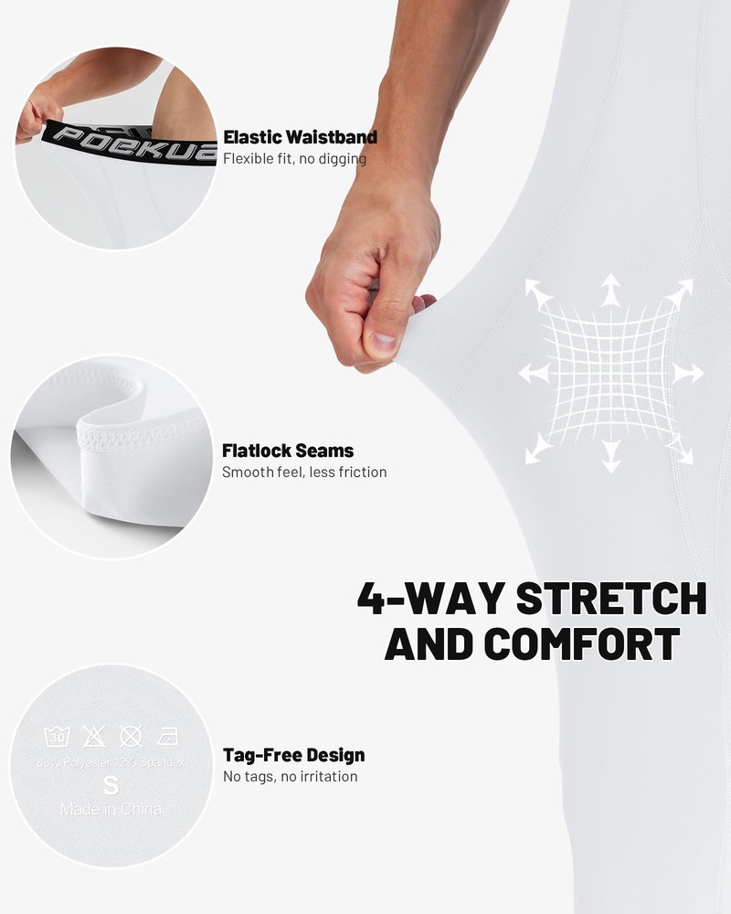 Poekuao Compression Pants Men Athletic Workout Leggings Running Tights Gym Sports Base Layer for Football Cycling Black White