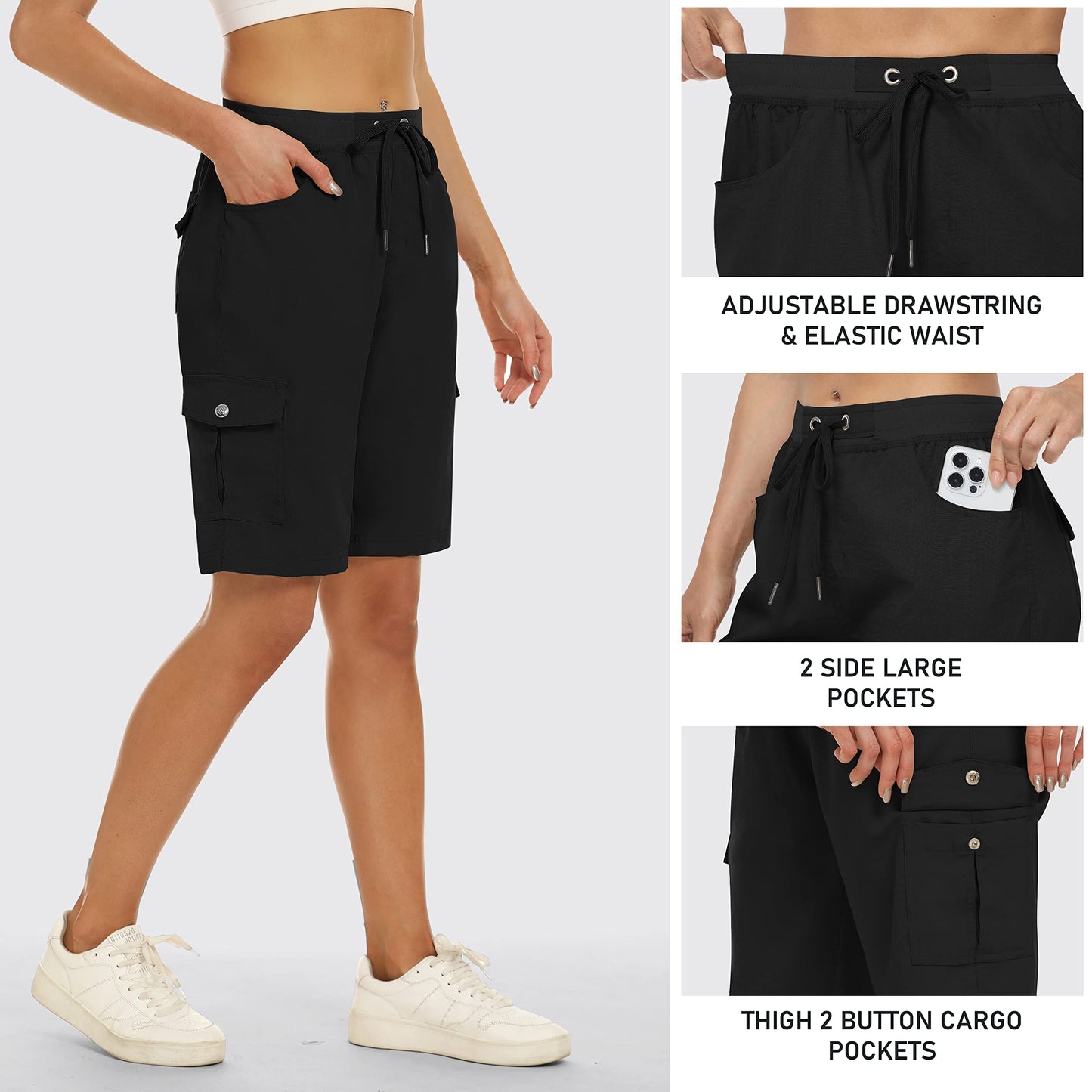 MoFiz Hiking Shorts for Women 10" Quick Dry Active Athletic Cargo Shorts Lightweight Summer Casual Running Shorts with Pockets Black XL