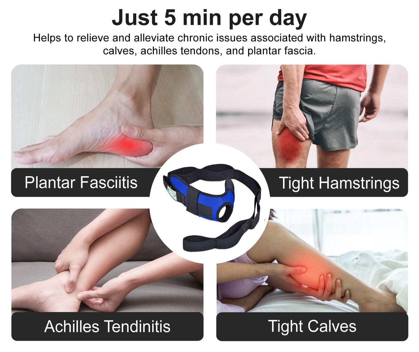 Foot & Calf Stretcher for Plantar Fasciitis, Includes Foot Massage Roller, Achilles Tendinitis, Foot Drop, Yoga Foot & Leg Stretching Strap