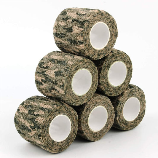 AIRSSON 6 Roll Camouflage Tape Cling Scope Wrap Military Camo Stretch Bandage for Gun Rifle Shotgun Camping Hunting 2" x5 yds Self-Adhesive (Woodland Camo - 6 Pack)