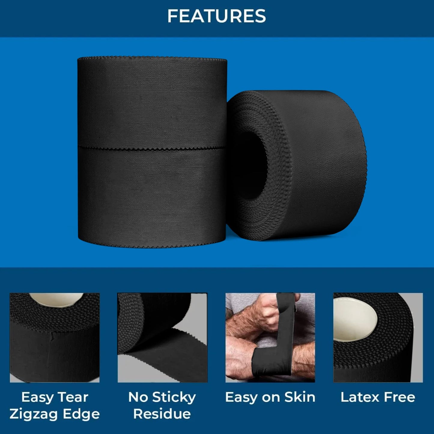 Athletic Tape – 3 Adhesive Rolls-1.5" x 15 Yards per roll -No-Sticky Residue – Black Medical Tape - Sport Tape -Skin Friendly, Use for Athletes,Coaches, Amateurs