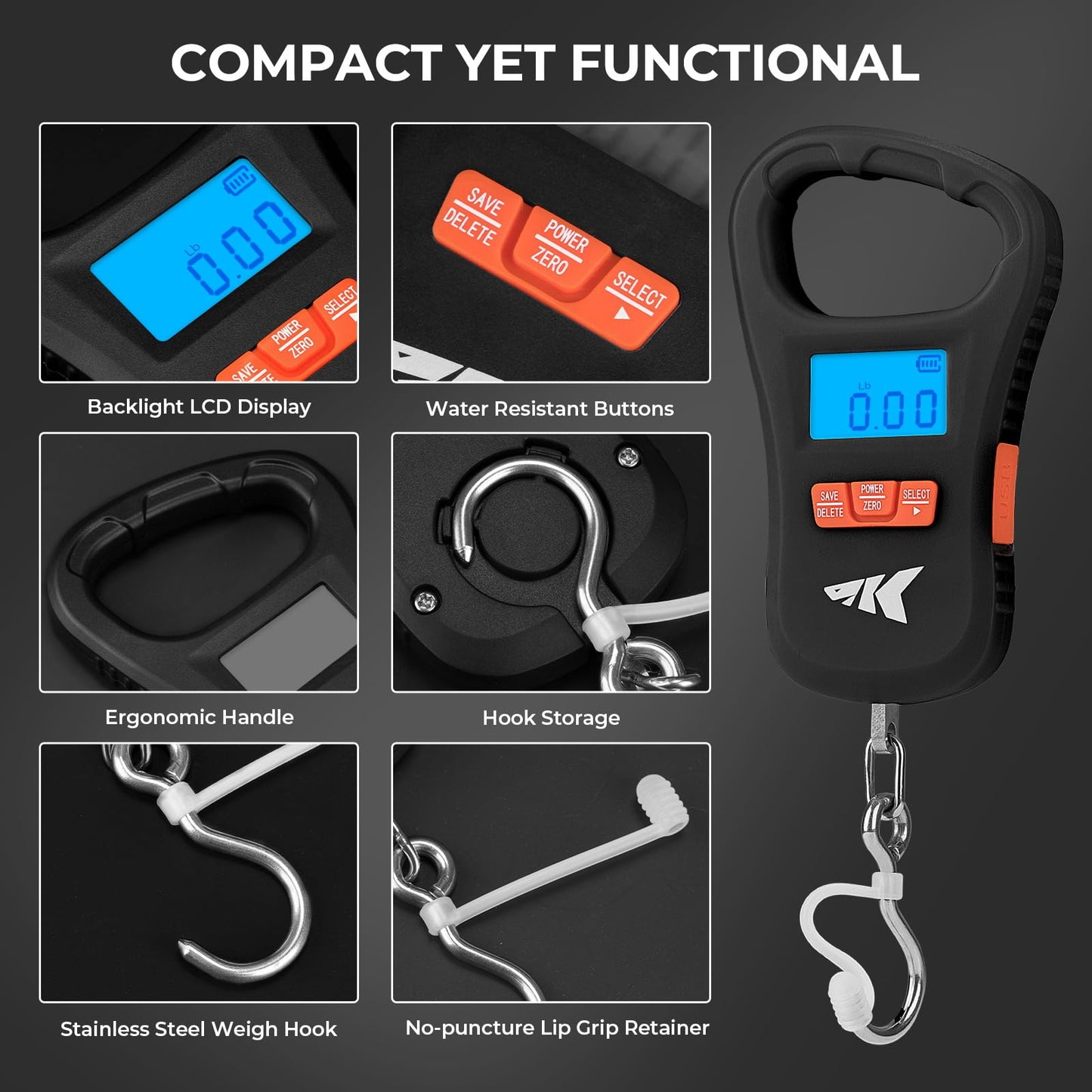 KastKing ToughTide USB Charging Fishing Scale, Fishing Gear, Black