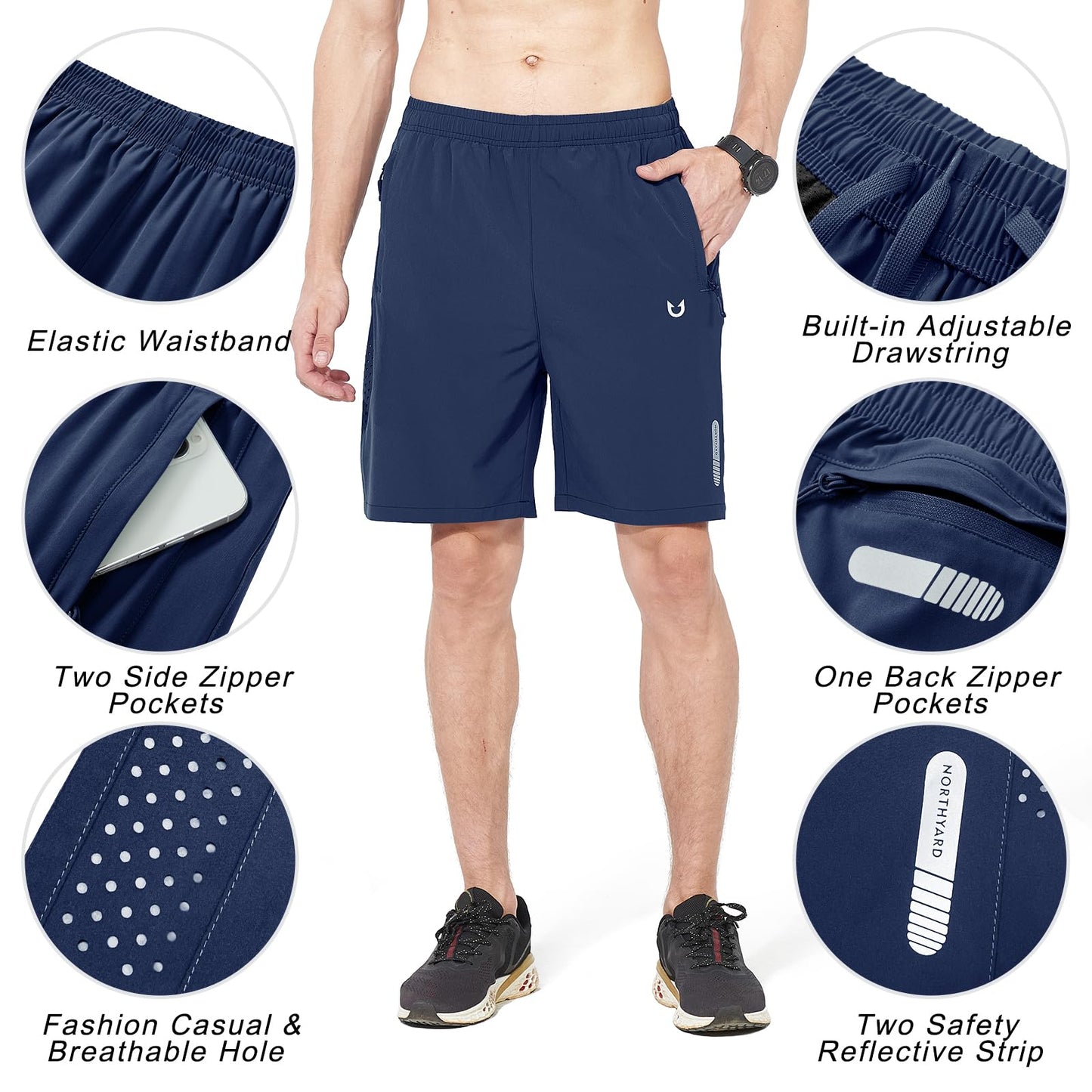 NORTHYARD Men's Athletic Running Shorts Gym Workout 7"/9"/5" Quick Dry Lightweight Sports Basketball Tennis 3 Zipper Pockets DARKBLUE 4XL