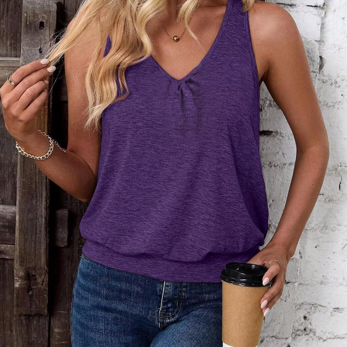 Wobity Shirts That Hide Belly Fat Running Tops Fat Girls V Neck Relaxed Fitted Pilates Tank Top Basic Breathable Wicking Sports Tee Shirt Summer Tanks Purple X-Large