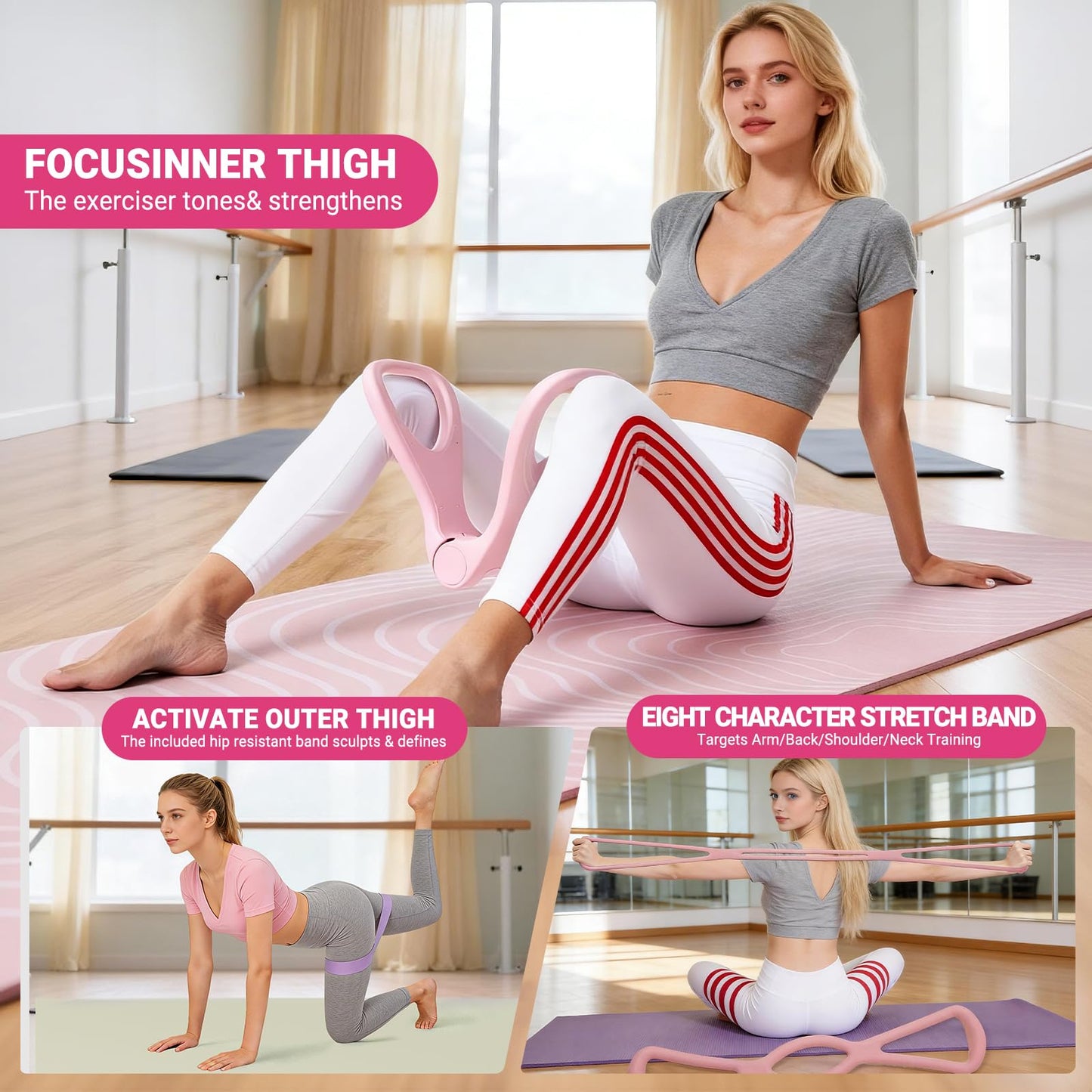 Brobantle Home Pilates Essential Kit for Women, Pilates Equipment Set with Pelvic Floor Trainer, Resistance Bands for Beginners Home Workouts Pink