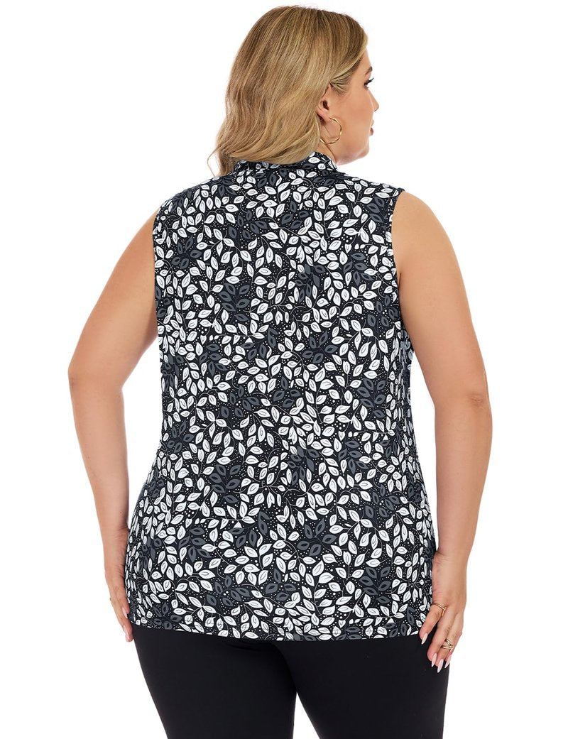 Misyula Style Plus Size Athletic Tank Tops for Women, Quick Dry Full Zip Sleeveless Golf Shirts with Pockets Lightweight Running Vest Hiking Tennis Summer Activewear,Black White Leaf,2XL