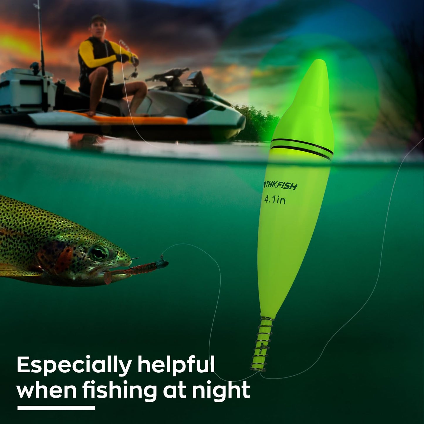 THKFISH 4PCS LED Lighted Fishing Bobbers Fishing Floats for Night, Spring Bobber Float Saltwater Freshwater Lighted Floats Glow for Crappie Walleye Catfish, 3.1", Green