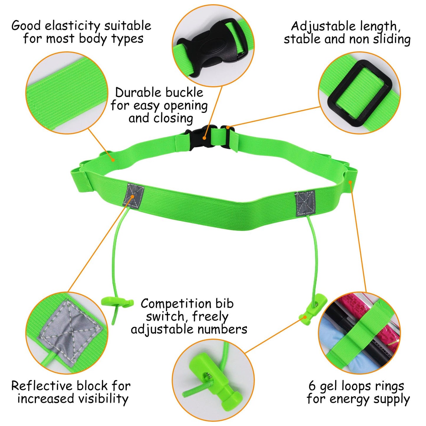 GDFYMI 2Pcs Race Number Belt Triathlon Race Belt Running Bib Belts with 6 Energy Gel Loops for Triathalon Marathon Running and Cycling (Black/Green)