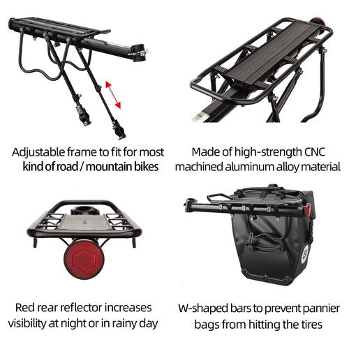 ROCKBROS Rear Bike Rack Bike Cargo Rack Adjustable Bicycle Luggage Carrier Rack Rear Quick Release Mountain Bike Pannier Rack with Elastic Band and Reflector, Most 165 lbs Capacity