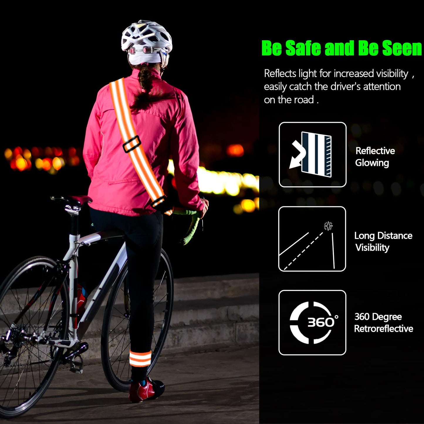 2 Pcs Reflective Sash with 4 Bands Adjustable Visibility Belt Safety Strap, Band for Wrist Arm Ankle Leg Substitute for Reflective Vest Reflective Running Gear (Fluorescent Green, Fluorescent Orange)