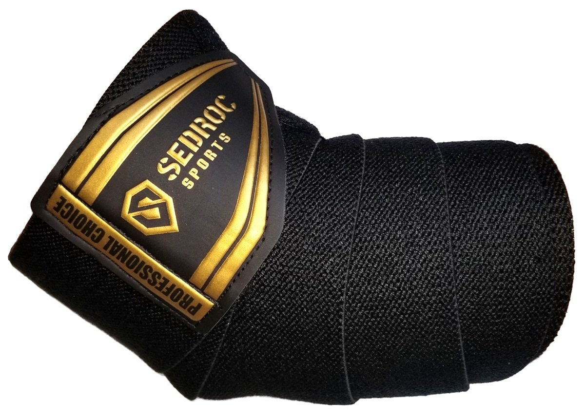 Sedroc Sports Professional Weight Lifting Elbow Wraps Powerlifting Support Sleeves - Pair (Black/Gold)