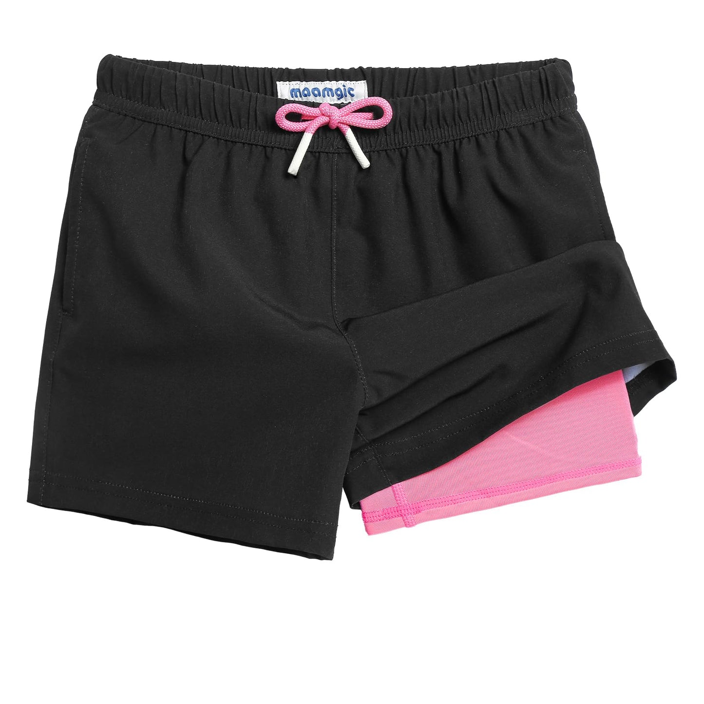 maamgic Boys Swim Trunks with Compression Liner Toddler Stretch Swim Shorts Quick Dry Swimming Trunks Boxer Brief 2 in 1 Beach Shorts Black Pink 14/16