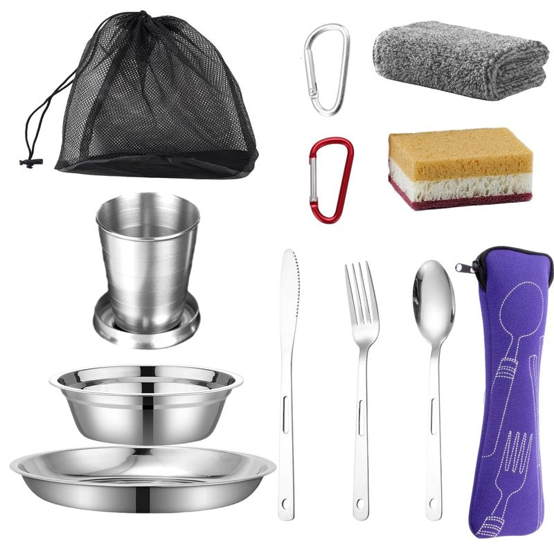 Scout Camping Mess Kits, Stainless Steel Utensils Camping Dinnerware Kit, Boy Scout Dishes Set with Mesh Bag Camping Cutlery Set Easy to Carry Clean for Backpacking, Camping, Hiking and Picnics