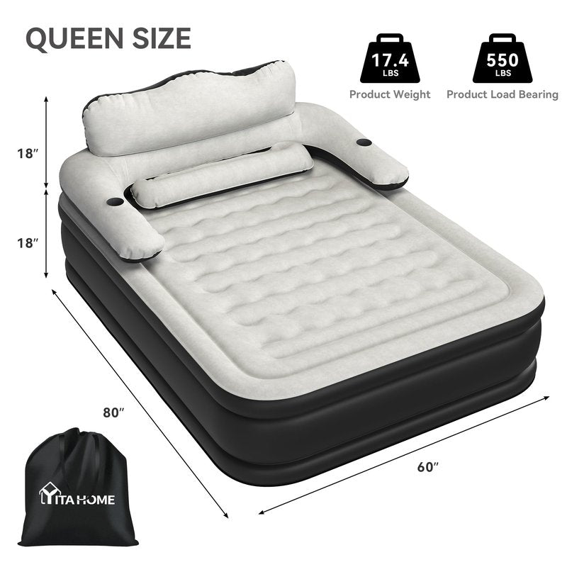YITAHOME Queen Size Air Mattress with Headboard and Built-in Pump, 18in Blow Up Mattress with Carry Bag, and Nozzles for Home, Camping, and Travel